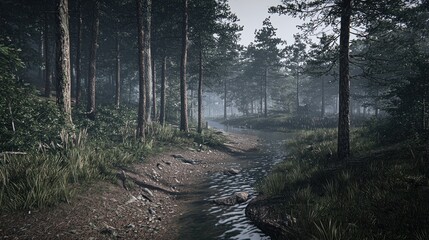 Obraz premium Misty forest stream, tranquil nature scene, background for game design