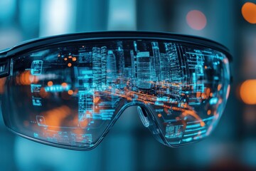 Futuristic augmented reality glasses showcasing urban landscape with digital information overlay