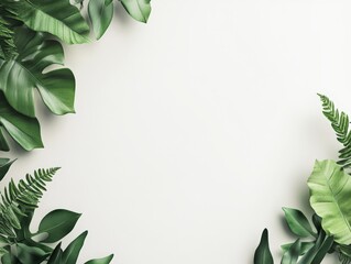 Fototapeta premium A border of lush green leaves framing a blank white space for design or presentation.