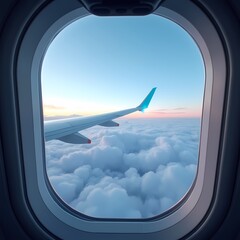 View of the sky from an airplane window, through the clouds