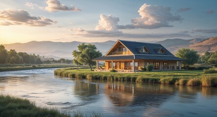 Obraz premium Bungalow by a calm river with distant hills in the background