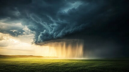 A dramatic shot of a storm brewing on the horizon during the summer solstice, with dark clouds rolling in over a bright green field. 