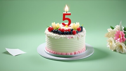 cake on green background, space for text, birthday greeting, five years, candle burning, berries and decoration on a cupcake