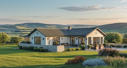 Obraz premium Bungalow with a clear sky and rolling hills in the distance