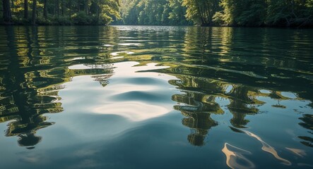 Calm water surface with soft ripples and forest reflection
