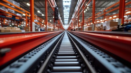 Industrial Supply Chain Management Logistic Transportation Business Economic Perspective view of a warehouse conveyor system.