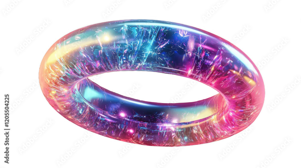 Poster a translucent ring filled with vibrant colors and sparkles, creating a futuristic and abstract appea