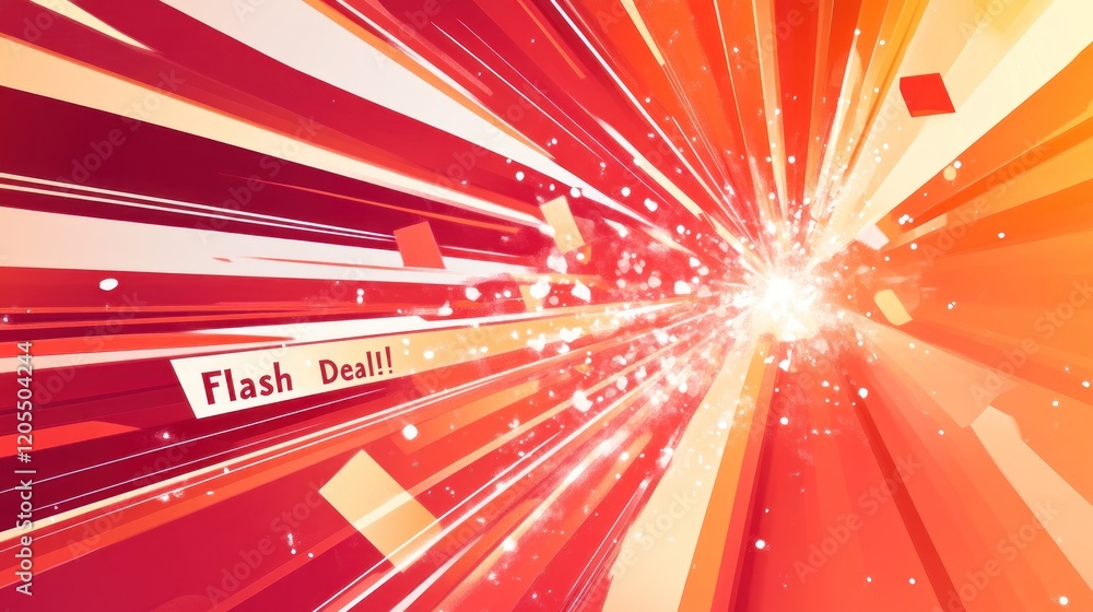 Poster dynamic abstract red and orange shapes with a burst of light and flash deal message