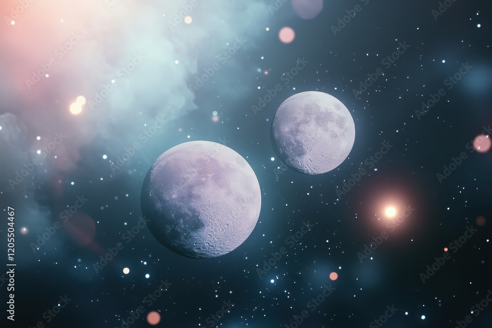 Poster celestial view of two moons amidst colorful nebula and distant stars in outer space