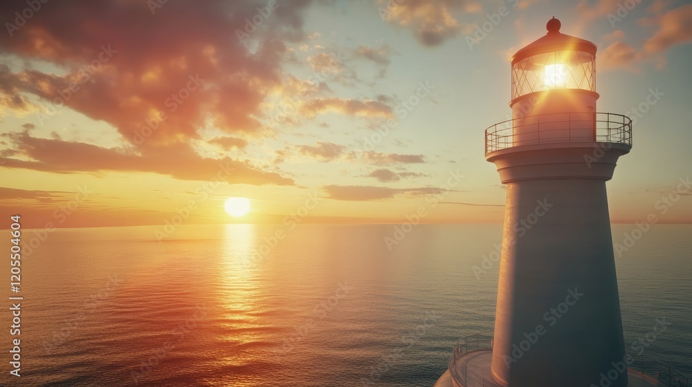 Poster Stunning lighthouse at sunset with radiant beacon illuminating calm ocean horizon for text space