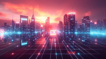 Fototapeta premium A cyberpunk cityscape with neon lights reflecting on the ground.
