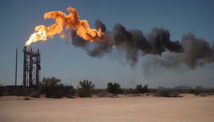 Industrial gas flare emitting flames and smoke against sky, oil refinery flare stack releasing intense fire and dark smoke, energy industry emissions: flaming flare stack in remote landscape.