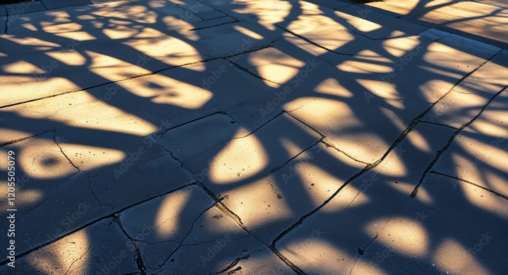 Poster faint shadow patterns from tree branches on sunlit pavement