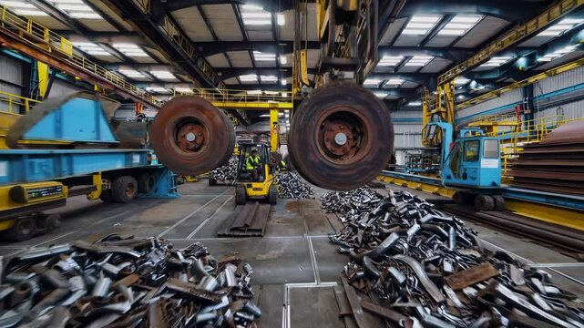 Overhead crane lifts a large wheel in a steel mill, with a pile of metal scrap in the foreground and a forklift moving in the background