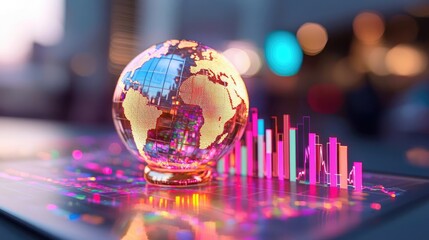 Globe glowing with interwoven predictive trends and bar graphs, unique textures, global financial market, economic evolution