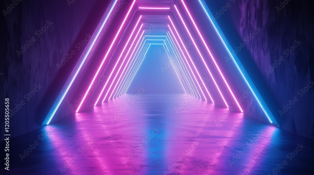 Poster 3d render, abstract neon background with blue and pink glowing lines in the form of rays or light be
