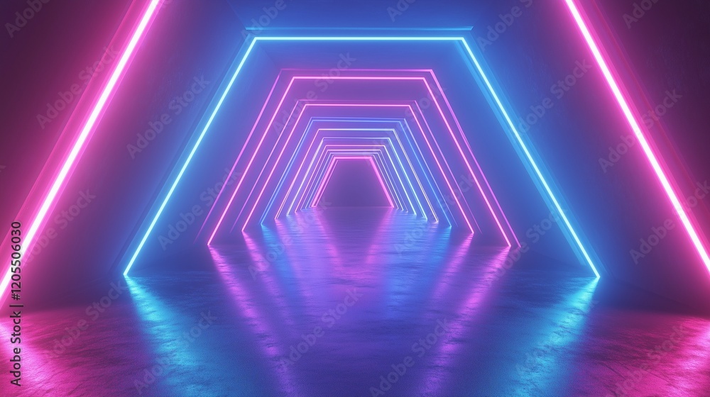 Aufkleber 3d render, abstract neon background with blue and pink glowing lines in the form of rays or light be