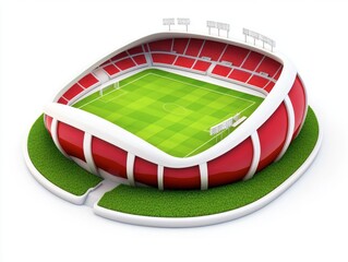 Obraz premium A modern stadium design featuring a lush green pitch, surrounded by red seating and a unique curved structure.