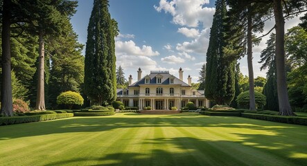 Obraz premium Luxurious mansion surrounded by lush greenery and tall trees
