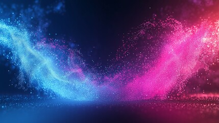 3D render, abstract neon light background with glowing lines in blue and pink colors flying around the center of view