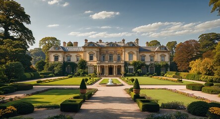 Obraz premium Magnificent mansion with sprawling gardens and a clear sky
