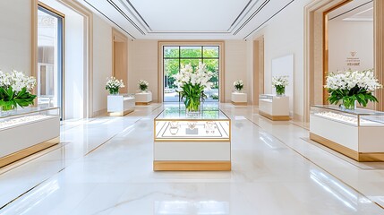 Luxurious Showroom Interior with White Flowers   Gold Accents