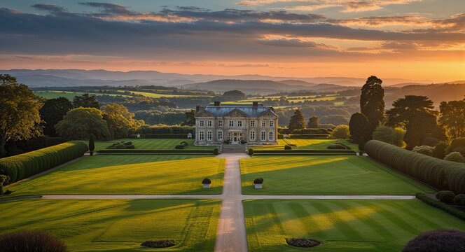 Mansion with pristine lawn and distant rolling hills at sunset