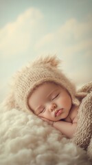 Baby peacefully sleeping in a knitted hat and blanket