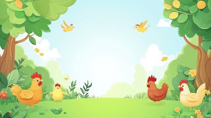 Freerange chickens and rooster enjoying a sunny day outdoors