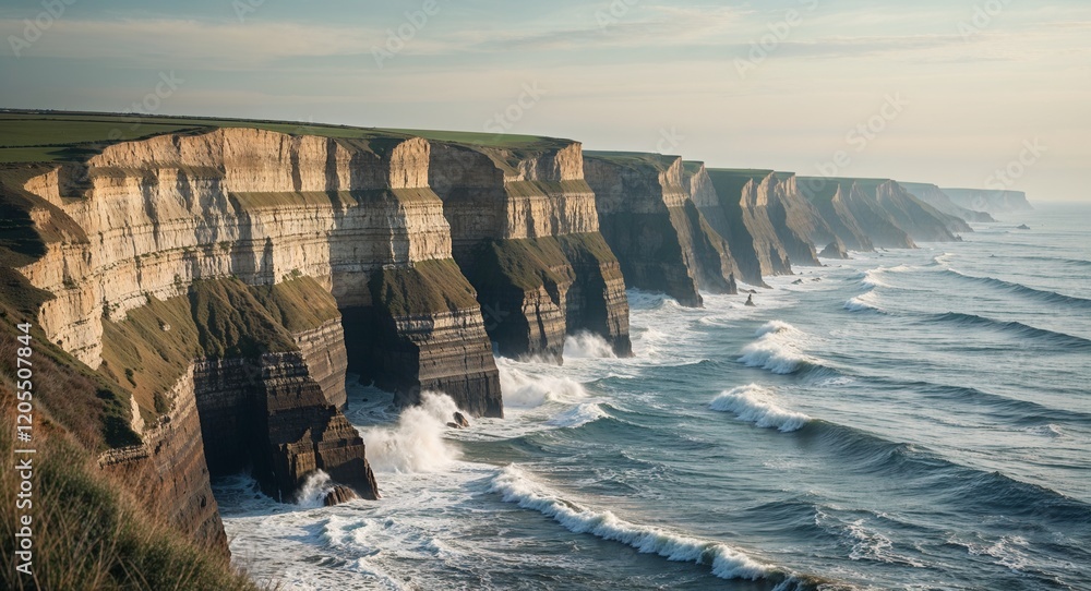 Poster peaceful seaside cliffs with crashing waves below and soft sky background