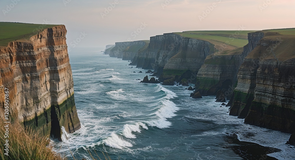 Poster peaceful seaside cliffs with crashing waves below and soft sky background