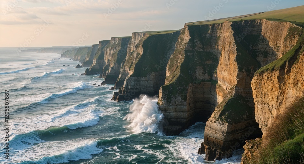 Poster peaceful seaside cliffs with crashing waves below and soft sky background