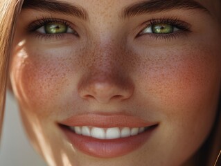 Naklejka premium Close-up of a smiling young woman with green eyes and freckles enjoying warm sunlight on her face in an outdoor setting during daytime