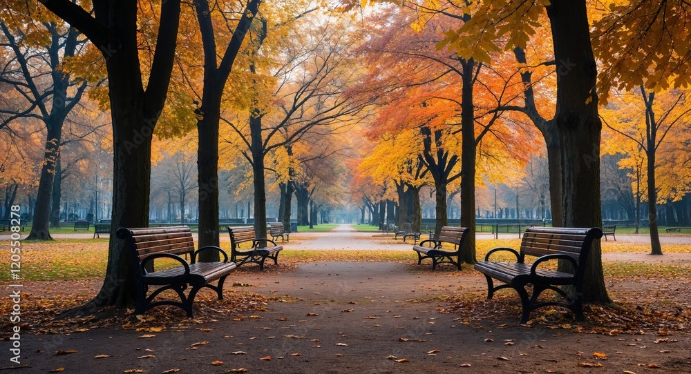 Poster quiet park with empty benches and trees with autumn leaves background