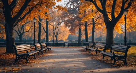 Naklejka premium Quiet park with empty benches and trees with autumn leaves background