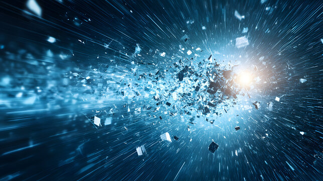 Dynamic Burst of Blue and White Fragments in a Futuristic Abstract Scene