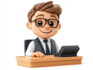 A cheerful animated character in formal attire sits at a desk with a computer, exuding a friendly and professional vibe.