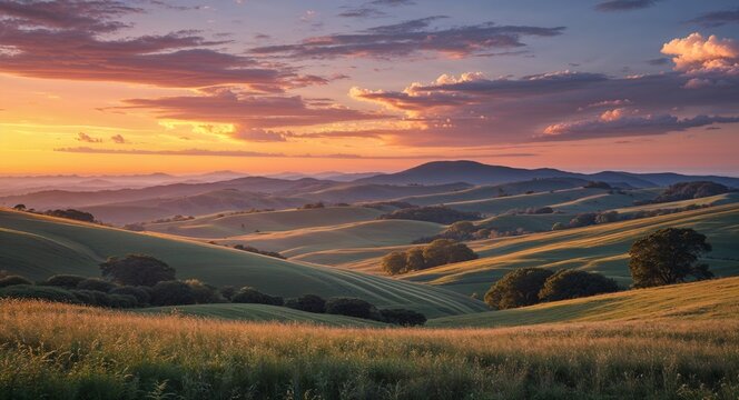 Romantic evening sky with warm colors over rolling hills background