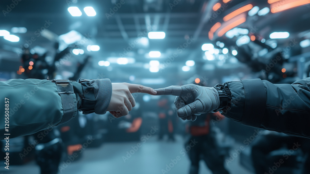 Aufkleber two hands reaching out to each other in futuristic setting, symbolizing connection and collaboration