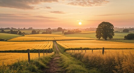 Fototapeta premium Serene countryside with golden fields and soft sunset light background