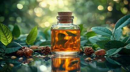 Bottle of golden honey with natural leaves