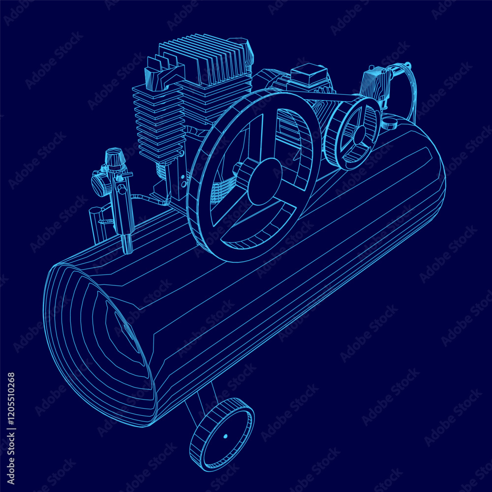 Poster blue drawing of a compressor. the compressor is a large, blue object with a white line running throu