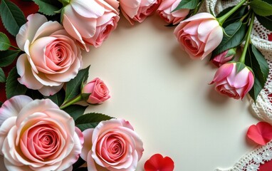 A romantic Valentine's Day scene featuring pink and red roses, a blank card, lace, and delicate hearts, creating a perfect background for love letters or romantic messages.