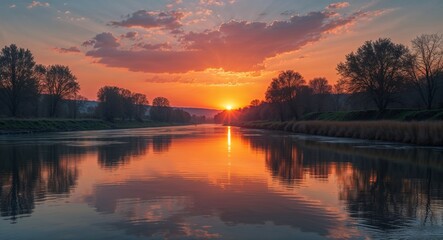 Obraz premium Sunset reflecting on calm river with trees along the shore background