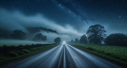 Fototapeta premium Tranquil countryside road under a starry night with mist