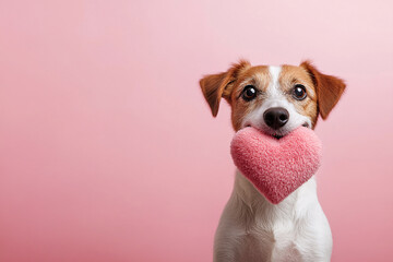 Cute dog holding plush heart in mouth in front of pink background with copy space