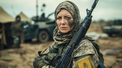 A female soldier in camouflage face paint, holding a rifle in a military camp with vehicles and tents in the background, symbolizing strength, diversity, and the concept of military service