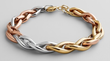 Obraz premium A mixed-metal necklace with gold, silver, and copper links on a neutral gray background.