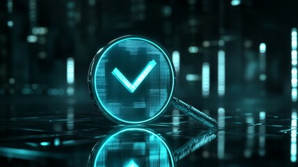 Futuristic digital backdrop with magnifying glass and glowing blue check for online verification