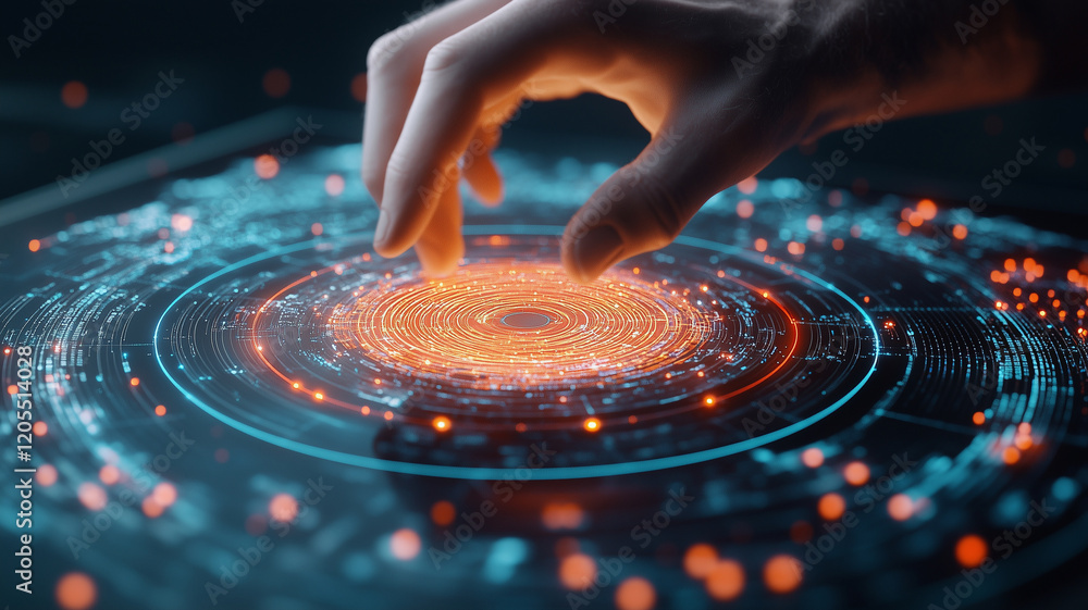 Aufkleber hand interacting with glowing digital interface, showcasing vibrant data patterns and connections. t